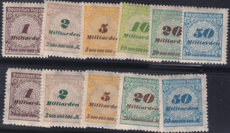 Germany 1923:Weimar Rep. Definitives surch in Milliarden Mi#325-330 A+B