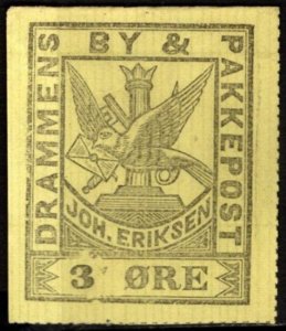 1887 Norway Local Post 3 Ore Drammens By & Pakkepost Joh. Eriksen Unused