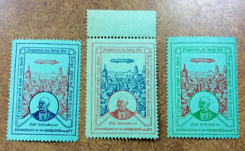 Germany ZEPPELIN Cinderella Poster Stamps lot of 3 different colors green paper