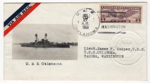 Beazell cachet USS Oklahoma BB-37, 1931, sunk Pearl Harbor, Hawaii Dec. 7, 1941