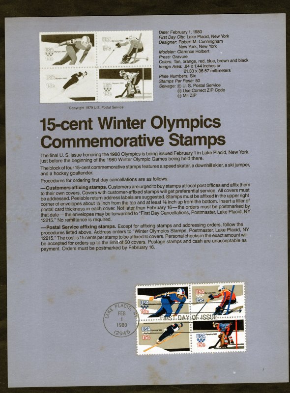 SP475 Winter Olympics, FDC Souvenir Page (#1798a)