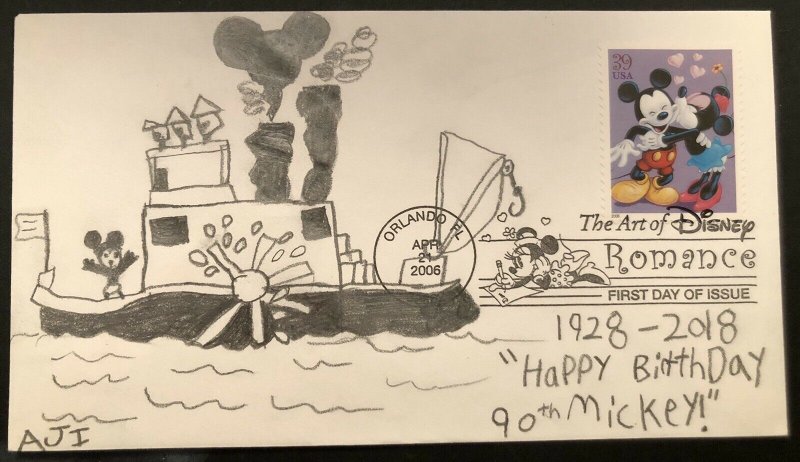 2006 Art of Disney Romance FDC Mickey Mouse Steamboat Willie Hand Drawn Cachet