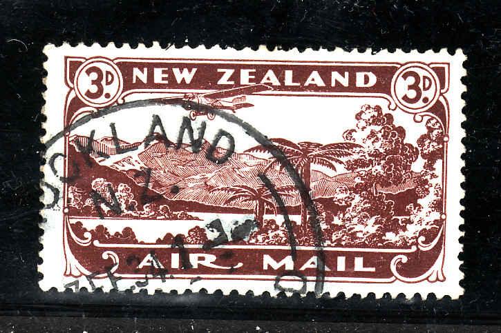 New Zealand-Sc#C1-used 3p chocolate Airmail-Planes-dated 7 FE 1934-