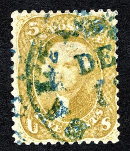 US 1861 5¢ Rare Olive Yellow Stamp #67b with Blue Town Cancel & Cert CV $4,750