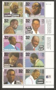 #2983-92 Jazz Musicians Plate Block of 10 Mint NH