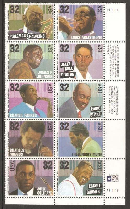 #2983-92 Jazz Musicians Plate Block of 10 Mint NH