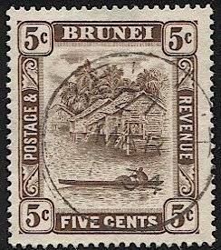 BRUNEI 1933 Sc 51  5c Used, VF, BELAIT 1934 bullseye cancel