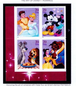 4025-4028 Disney Romance Plate Block of 4 39¢ Stamps MNH 2006