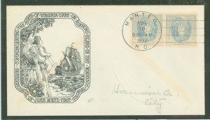 US 796 1937 5c Virginia dare (pair) on an addressed (Pencil) FDC with a historic art cachet