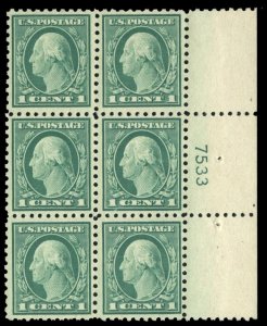 United States, 1910-30 #405 Cat$170, 1912 1c green, right margin plate number...