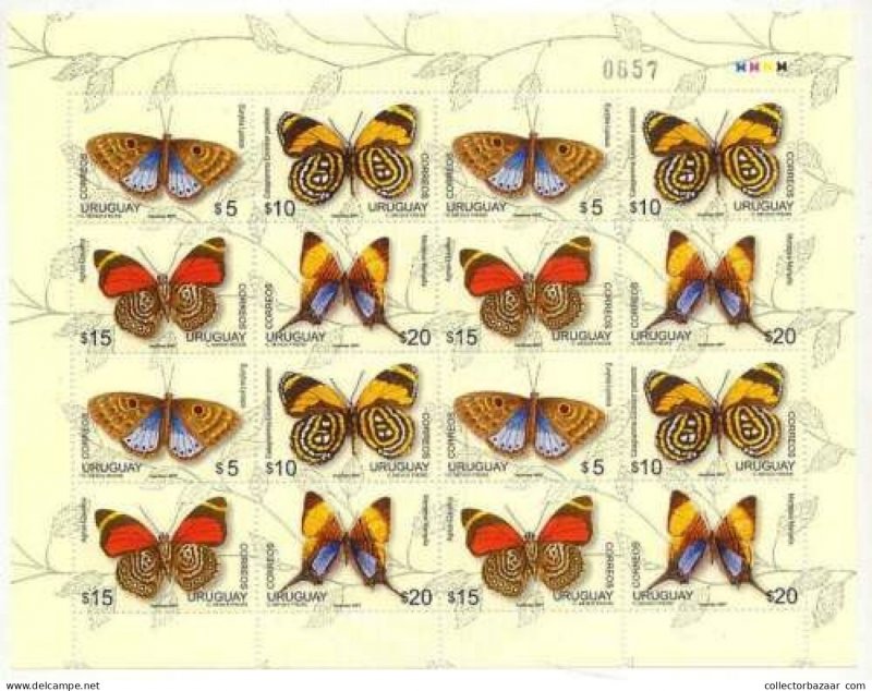 BUTTERFLY INSECTS South America species Uruguay MNH sheet #2213 cat value $32