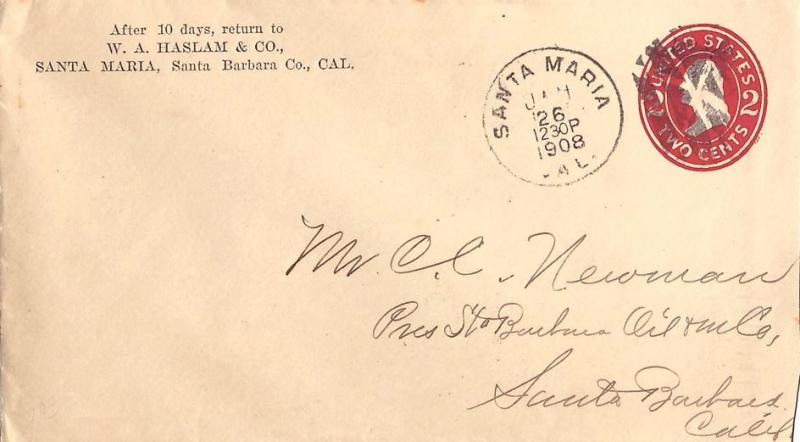 United States California Santa Maria 1908  large oval geometric  Postal Stati...