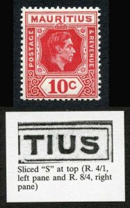 Mauritius SG256a 10c Sliced S U/M Cat 170 pounds 