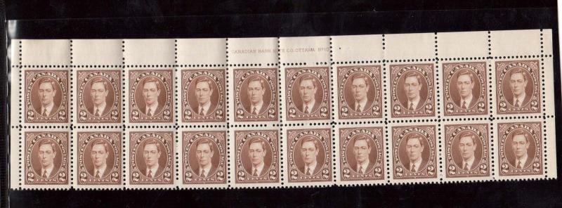 Canada #232 VF Mint Plate #10 Upper Center Block Of Twenty