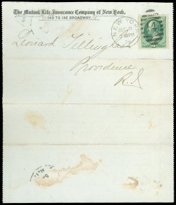SEP 11 1879 NY Cds, MUTUAL LIFE INSURANCE CO. Imprint on SCARCE Patent Envelope!