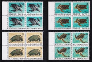 Solomon Islands stamps #489 - 492, MNH OG, Blocks of 4, Sea Turtles