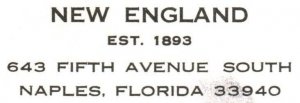 NEW ENGLAND EST. 1893 NAPLES FLORIDA CORNER CARD 15c RATE TO CANADA 1973