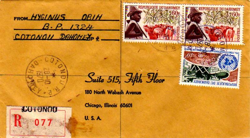 Dahomey 60F Peuhl Herdsman and Cattle (2) and 40F U.N. 1970 Cotonou R.P. Daho...