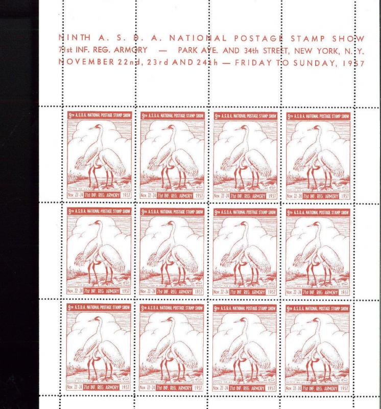 NEW YORK 9th ASDA National Postage Stamp Show - 1957 LABELS Fullsheets!  BBB