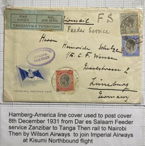 1931 Dar Es Salaam Tanganyika Feeder Service Airmail Cover To Luneburg Germany