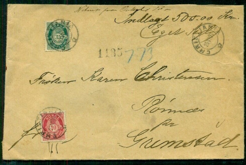 NORWAY 1903, Money Letter with 10ore + 35ore tied, arrival & wax seals reverse