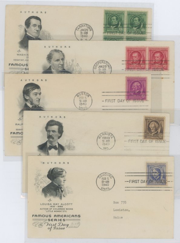 US 859-863 1940 Authors (set of five) part of the Famous American Series on five addressed first day covers with matching Ioor p