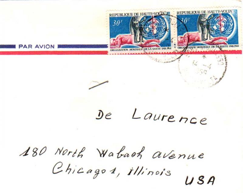 Upper Volta 30F WHO (2) 1969 Bobo-Dioulasso, Haute-Volta Airmail to Chicago, ...