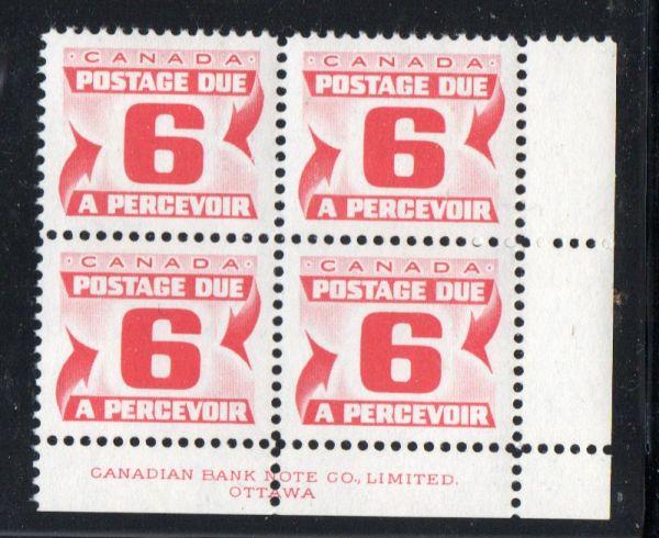 Canada Sc J26 1967 6c postage due stamp plate block of 4 LR mint NH