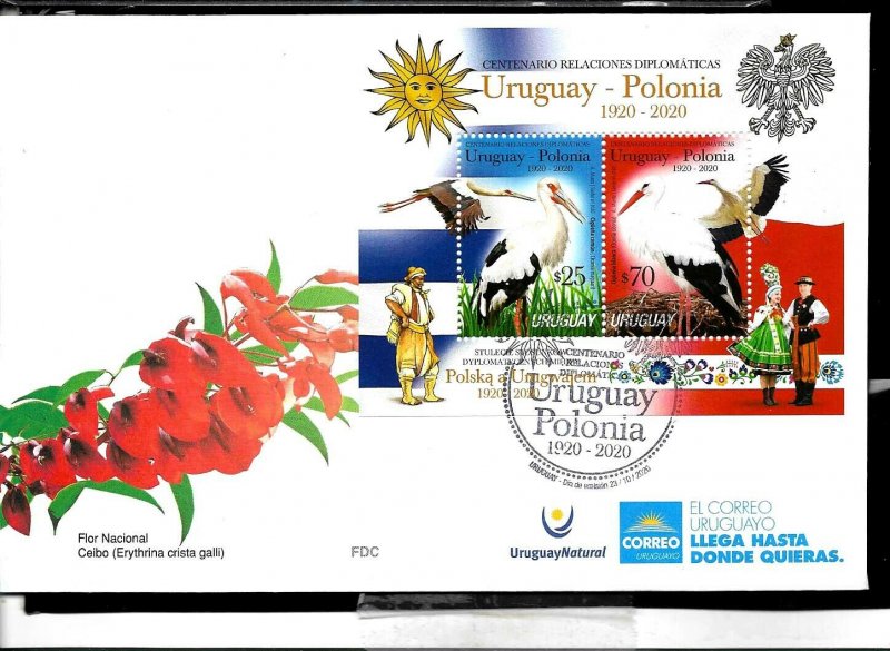 URUGUAY 2020 POLAND DIPL REL.100° ANIV FAUNA BIRDS TYPICAL DRESSES FLAGS S/S FDC