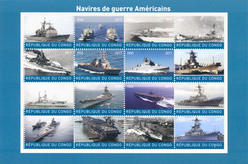 Military Ships Stamps 2017 MNH American Battleships of US USA Nautical 16v M/S