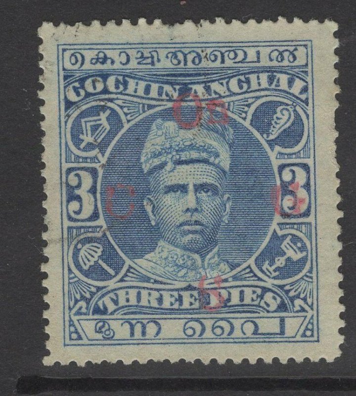 INDIA-COCHIN SGO1 1913 3p BLUE USED