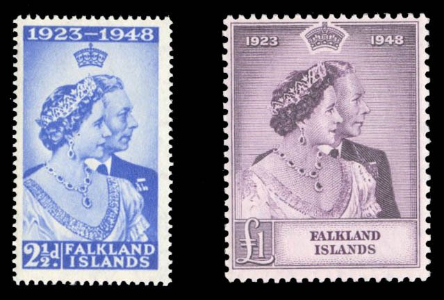Falkland Islands #99-100 Cat$112, 1948 Silver Wedding, set of two, never hinged