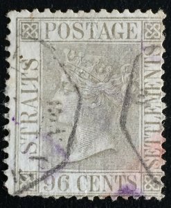 MALAYA 1867 STRAITS SETTLEMENTS QV 96c Used French Paquetbot cancel wmk CC SG#19