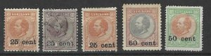 NETHERLAND SURINAME 1900 SCOTT # 39-42 2 USED & 3 ARE UNUSED NO GUM