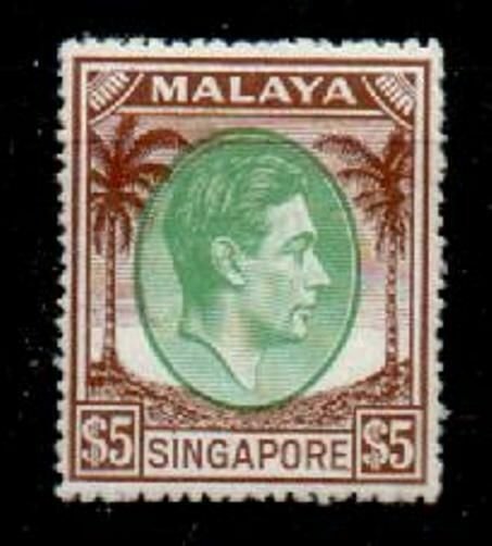 SINGAPORE SG30 1951 $5 GREEN & BROWN p17x18 MTD MINT