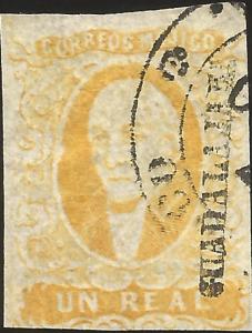 J) 1856 MEXICO, HIDALGO, UN REAL YELLOW, DISTRICT GUADALAJARA, CIRCULAR CANCELLA