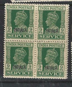 INDIA PATIALA SERVICE  (P1808B)  KGVI  9P    SG  O74   BL OF 4     MNH 