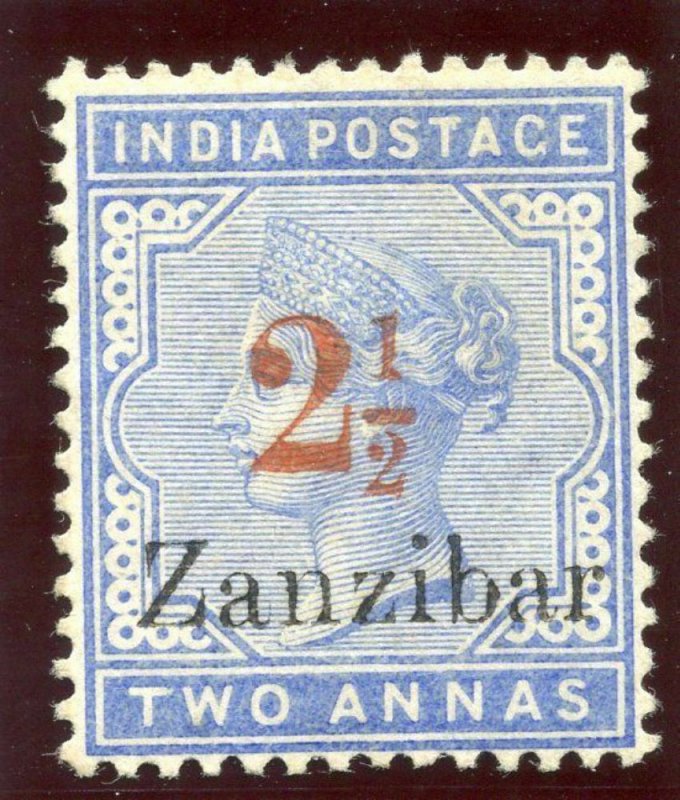 Zanzibar 1895 QV 2½ on 2a pale blue MLH. SG 27. Sc 31.