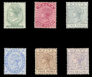 Malta #8-13 Cat$161.50, 1885 1/2p-1sh, set of six, hinge remnants