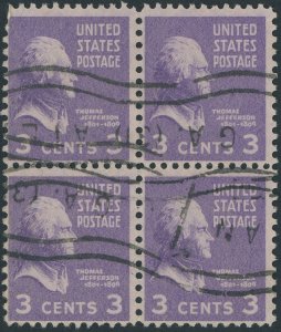 US 807 3 cent Presidential Issue; Used block of 4 -- See details and scan