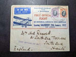 1932 Southern Rhodesia Airmail First Flight Cover FFC Salisbury to Hants England