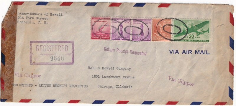 1943 Honolulu Hawaii to Chicago IL Pan Am clipper registered cover 