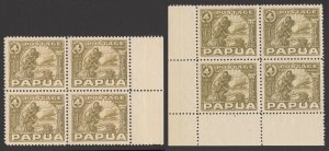 PAPUA 1932 Pictorial 4d - 2 shades - McCracken & Ash printings? blocks. MNH **.