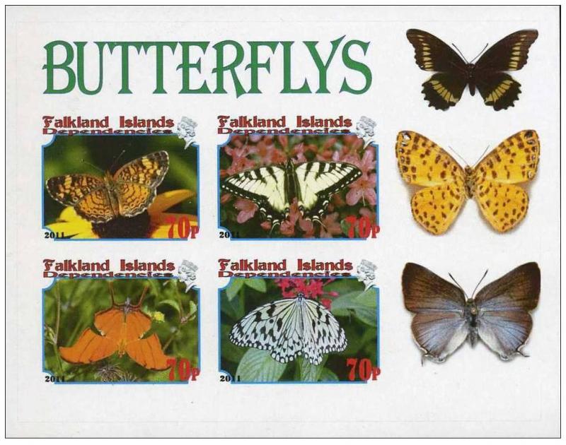 FALKLAND SHEET IMPERF CINDERELLA BUTTERFLIES INSECTS