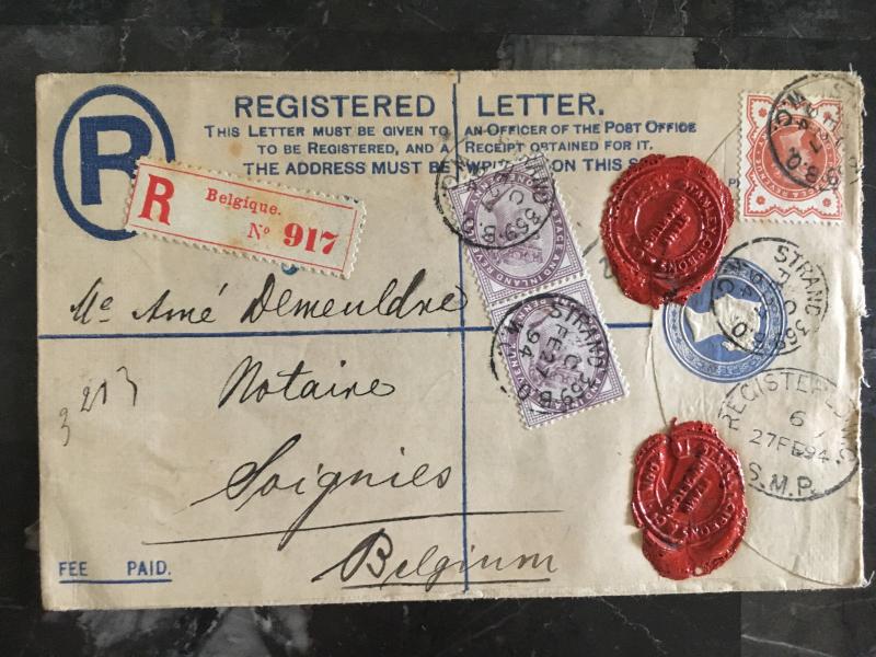 1894 Strand England Cover to Belgium Registered mail Red Wax Seals