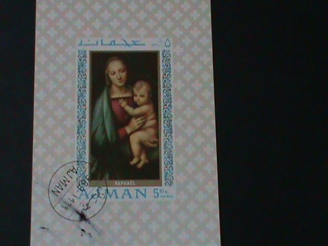 ​AJMAN-CHRISTMAS PAINTING-VIRGIN & THE CHILD IMPERF-CTO-S/S-VF-FANCY CANCEL