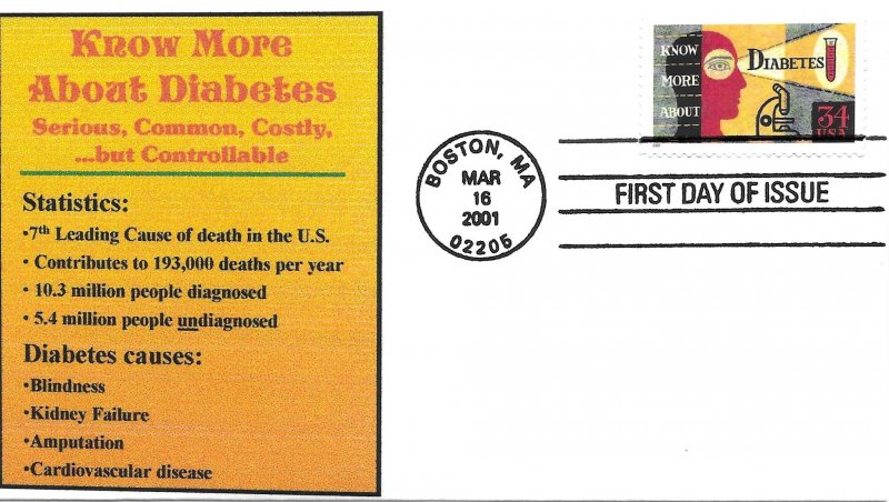 2001 FDC, #3503, Diabetes, neat cachet