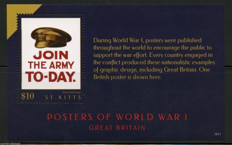 ST. KITTS  2015 POSTERS OF WORLD WAR I  SOUVENIR SHEET II  MINT NH 