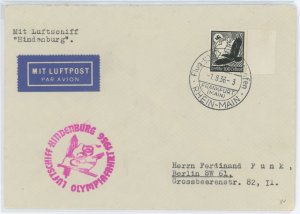 Germany C54 100pf Nazi-Eagle (solo) Franking this August 1, 1936 cover carried on the fourteen hour airship Hindenburg Olympic g