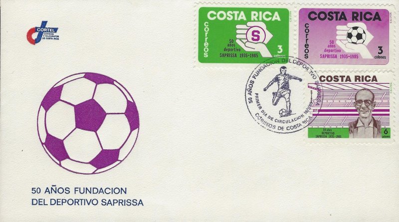 COSTA RICA 50 ANNIVERSARY SAPRISSA SOCCER CLUB Sc 329-331 FDC 1985